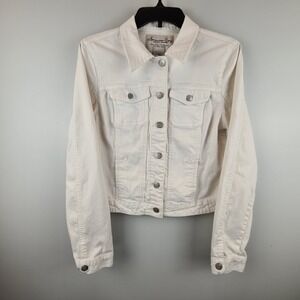 American Rag Cie Womens White Denim Trucker Jacket Size Large Stretch Cotton